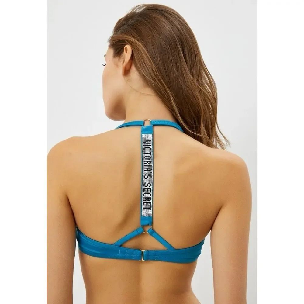 NWT Victoria’s Secret Swim Bikini Set Blue Rhinestone Logo 34C Top M Bottom